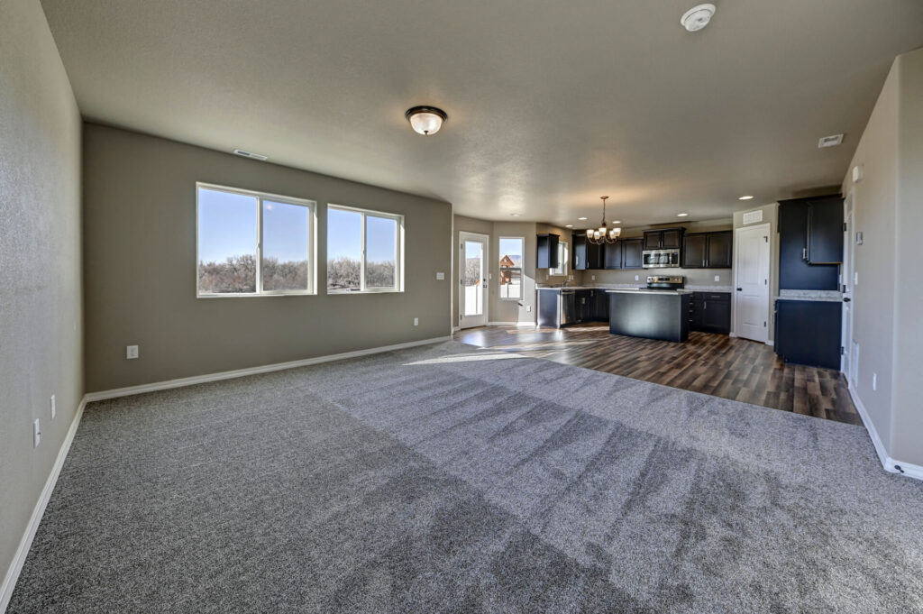 Open living area with gray carpet, three windows, and kitchen visible in the background.
