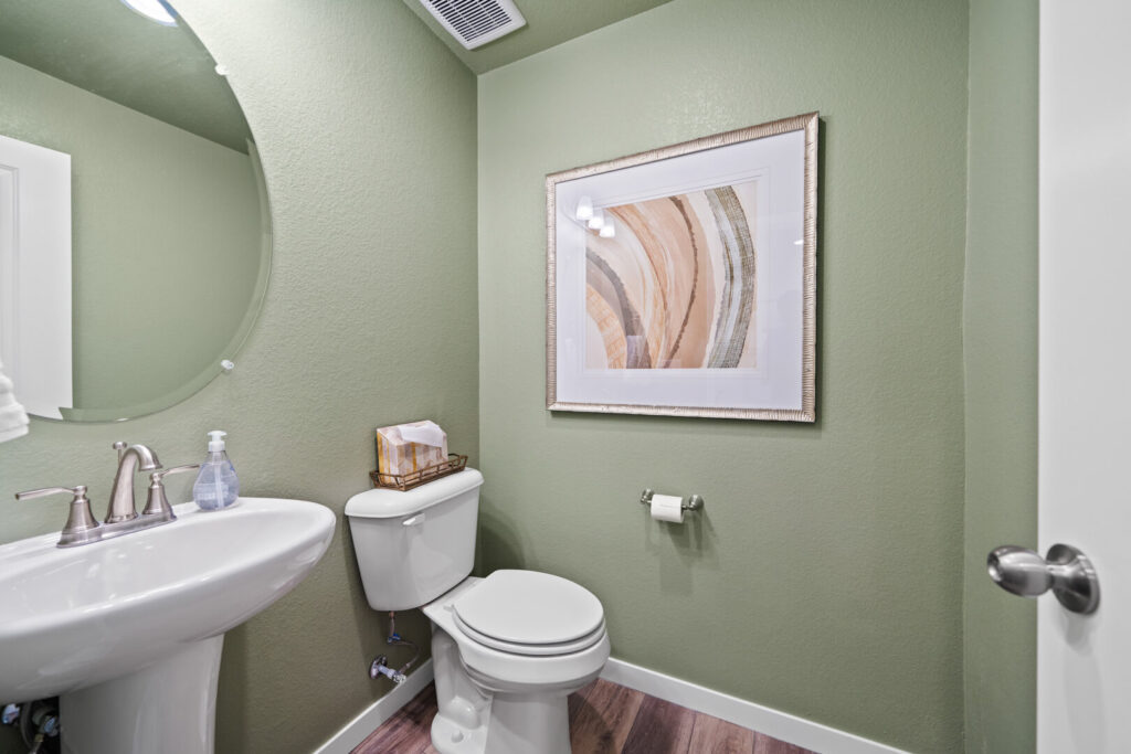 Small powder room with pedestal sink, toilet, round mirror, and green painted walls.