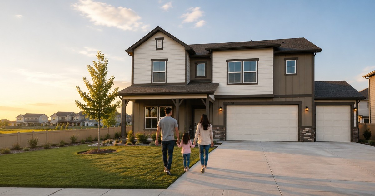 Family walking toward a Challenger home at sunset
