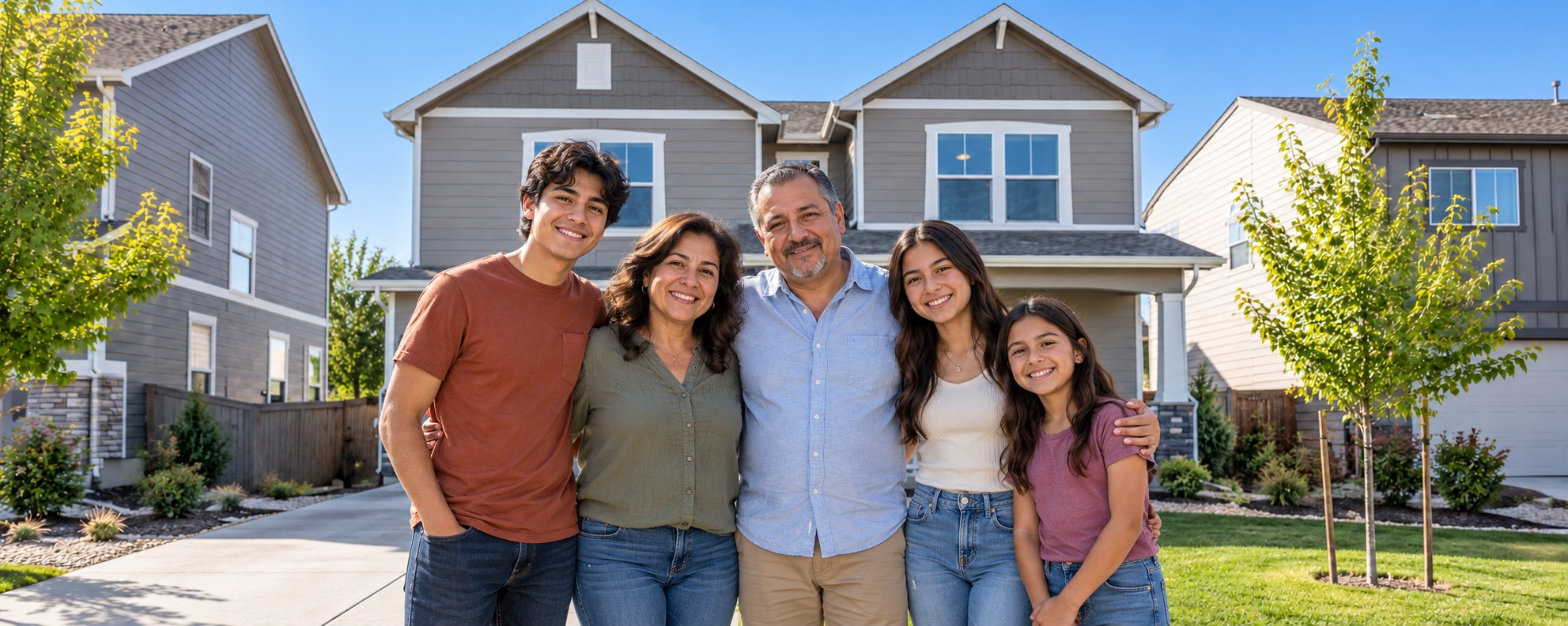 Family of five outside a spacious two-story Challenger home