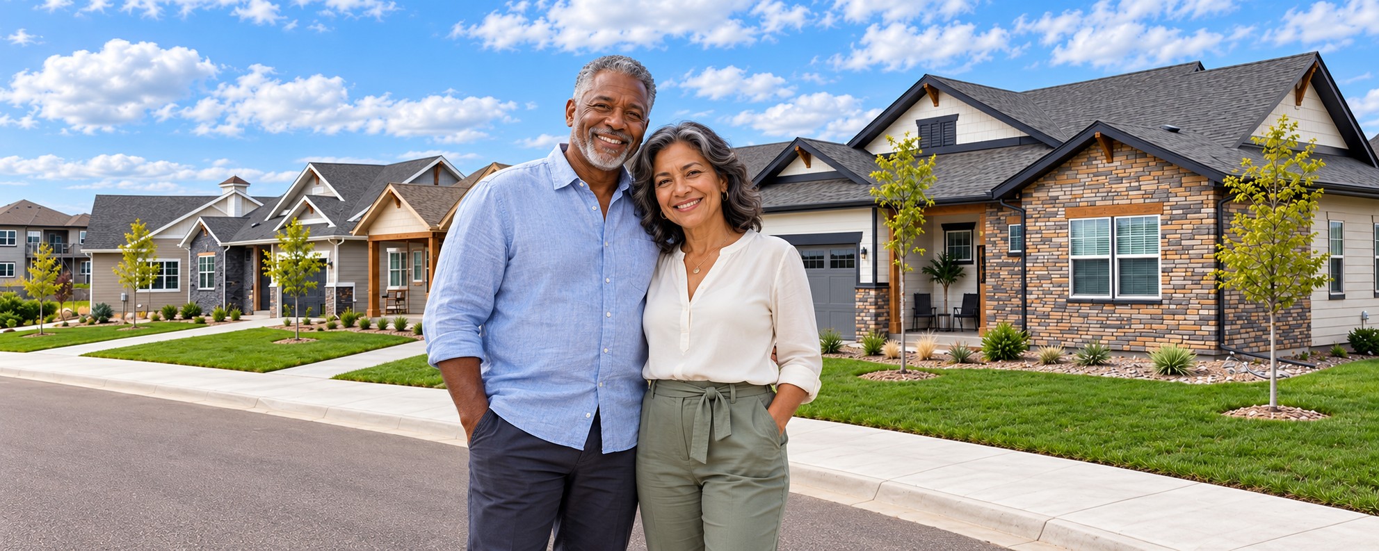 Couple outside a Challenger community of homes with stone facades