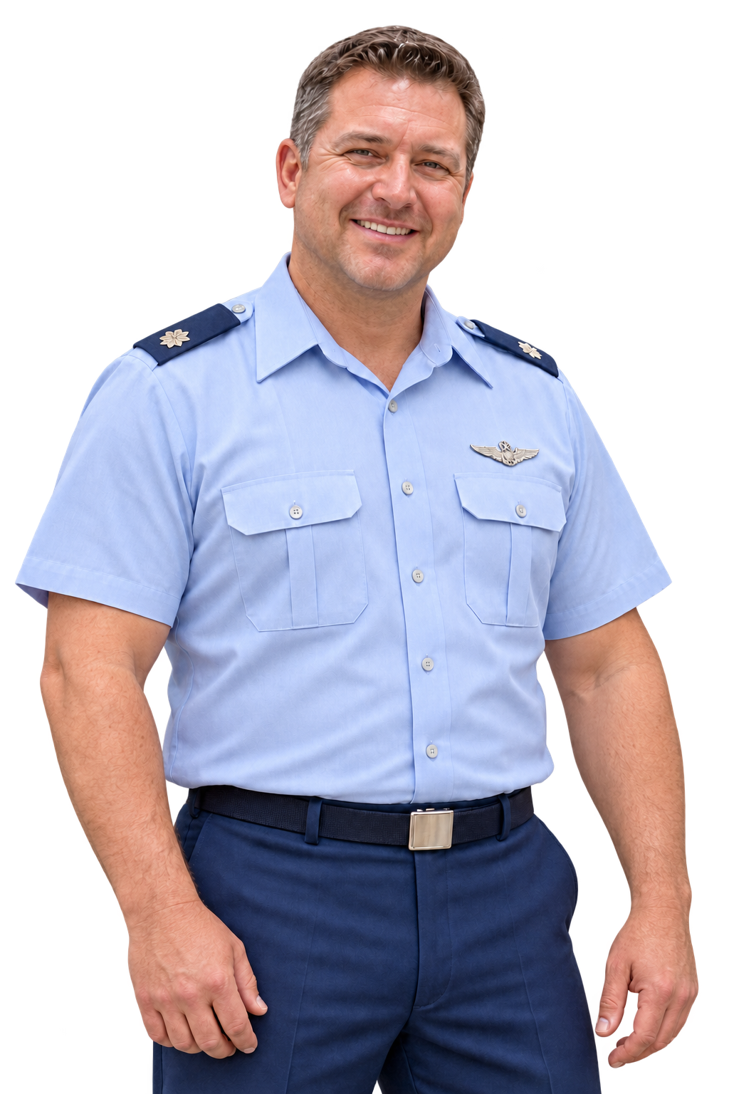 Man in a light-blue uniform shirt smiling, standing with hands by his sides.