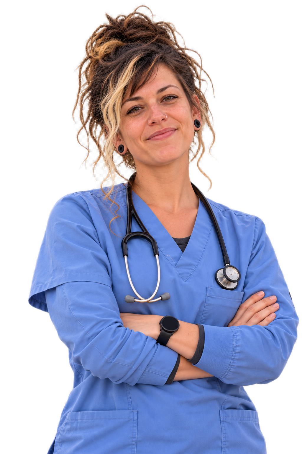 Healthcare worker in blue scrubs with stethoscope and arms crossed, smiling slightly.