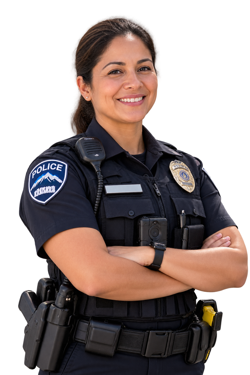 Smiling uniformed police officer wearing duty gear with arms crossed against a plain background.