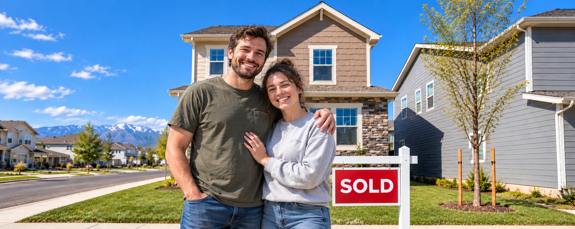 Young couple beside a SOLD sign outside their first home