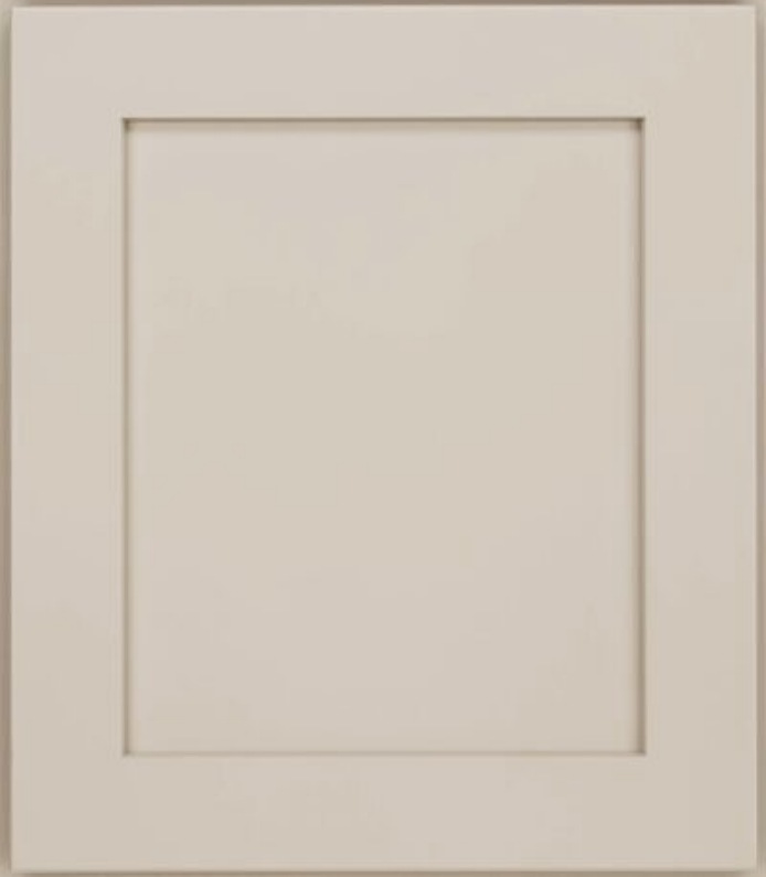 Rectangular shaker-style cabinet door sample in a warm off-white finish with recessed center panel.
