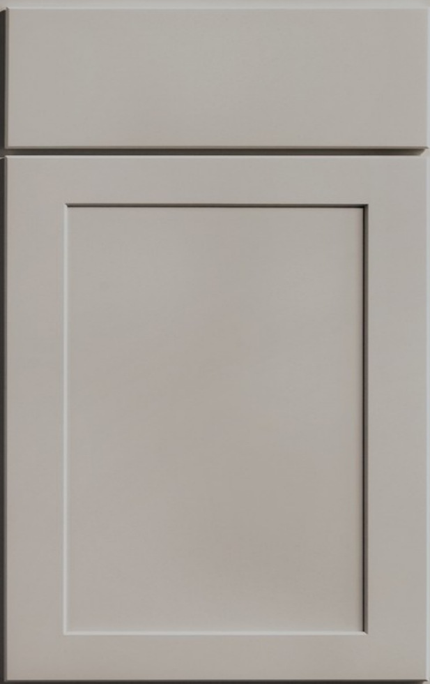 Light gray cabinet door with recessed center panel and simple modern profile.