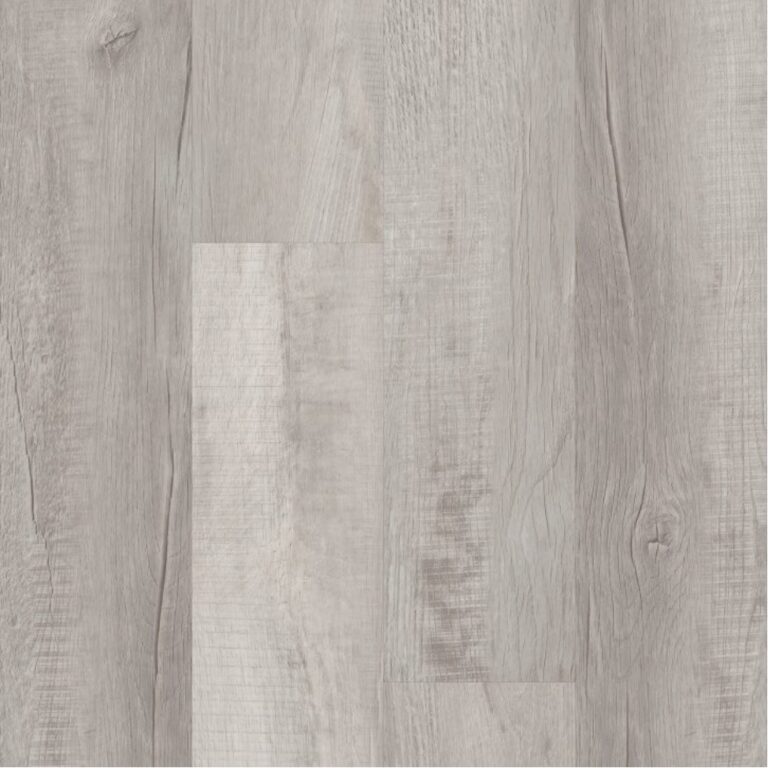 Large-format light gray wood-look plank with visible grain and knot details.