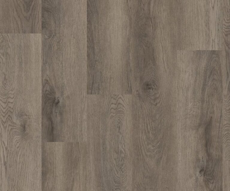 Plank-patterned wood-look flooring with gray-brown tones and visible grain and knots.