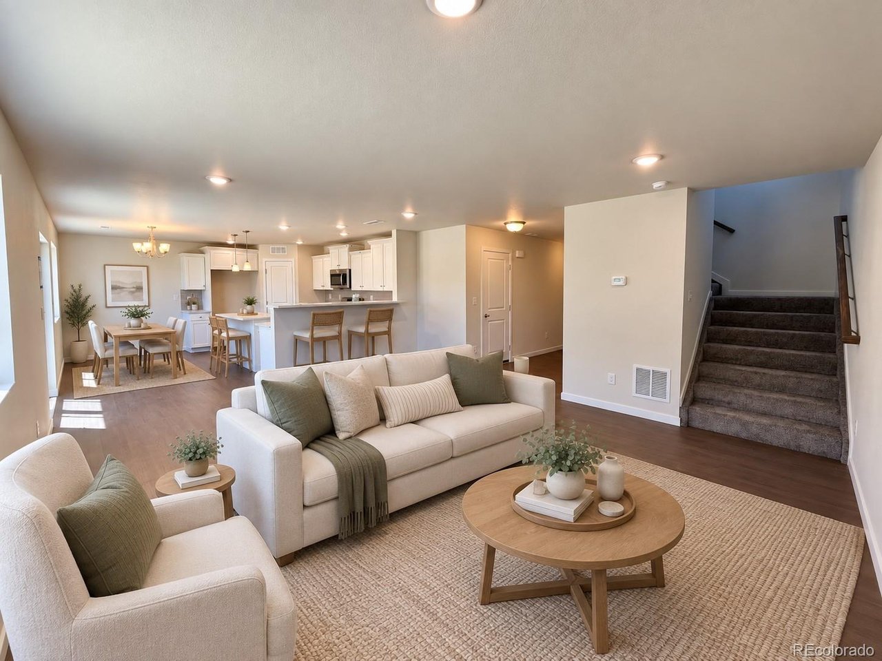 living room with neutral sofas, round wood coffee table, open plan view into white kitchen and dining area, carpeted stairs at right
