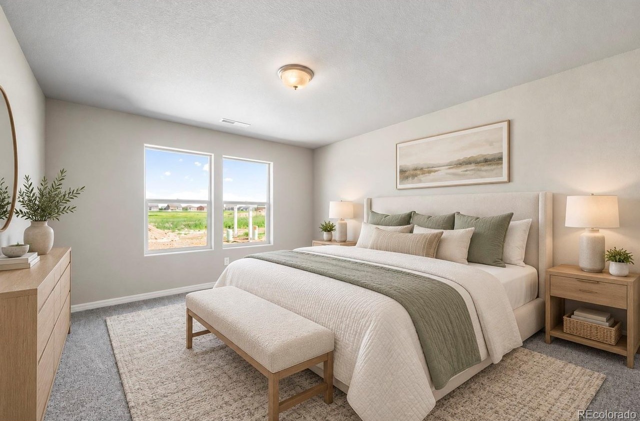 bedroom with upholstered bed, bench at foot, two windows, neutral walls and bedside tables with lamps